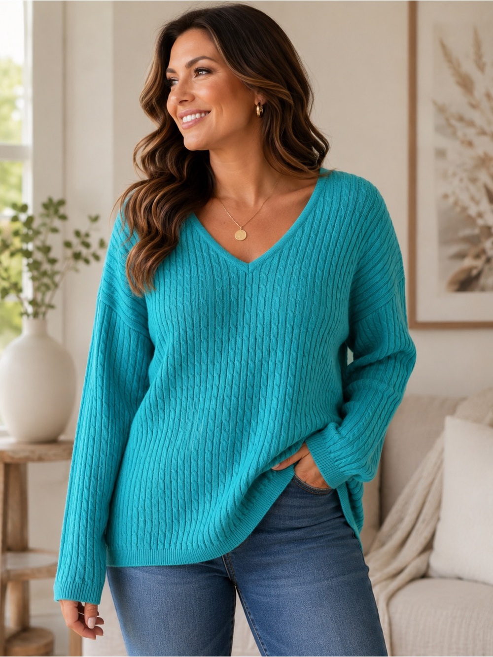 Cotton Country 100% Cotton Turquoise Cable Knit V-Neck Sweater/L/ Made in Canada